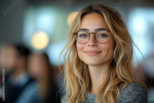 Woman in glasses smiling at camera