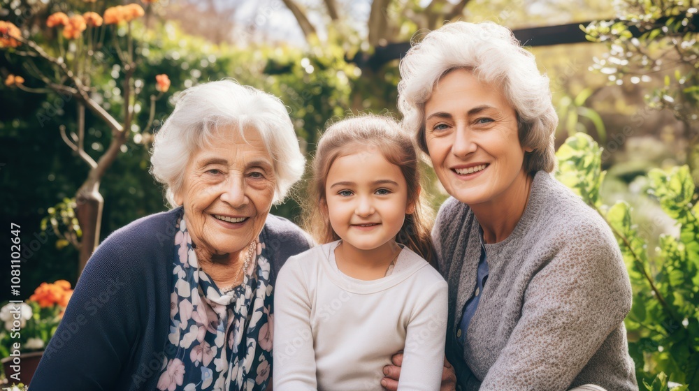 Three generations unite as a grandmother, mother, and child smile warmly, surrounded by lush greenery in a sunny outdoor setting. Three generations unite as a grandmother, mother, and child smile warmly, surrounded by lush greenery in a sunny outdoor setting.