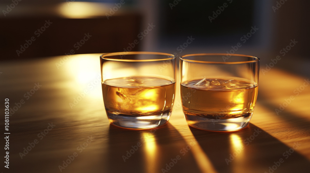 The liquid inside the glasses catches the warm, amber glow of low lighting. The liquid inside the glasses catches the warm, amber glow of low lighting.