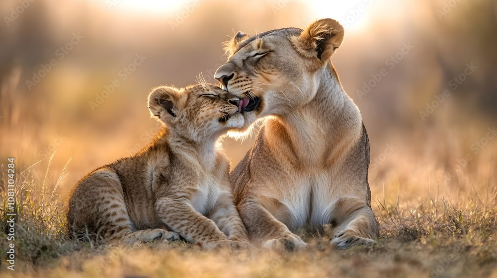 Naklejka premium Mother Lioness Licking and Stroking her Cub, in Nature, Forest, Photo Realistic, Pattern Background, Wallpaper, Cover and Screen for Smartphone, PC, Laptop, 9:16 and 16:9 Format