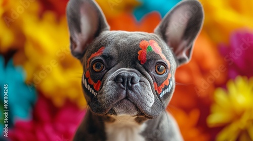 A black French bulldog adorned with colorful flowers on its face, showcasing Dia de Muertos makeup against a lively backdrop.