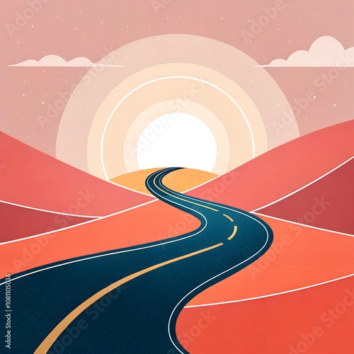 A stylized winding road leading towards a sunrise in a minimalist landscape