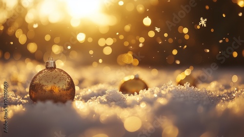 y Bot
APP
 — gestern um 20:46 Uhr
close up of a faling snowflakes float gently through the air, a bunch of christmas baubles lying in the snow, winter air, sunlight, Golden bokeh - Generative AI	 photo