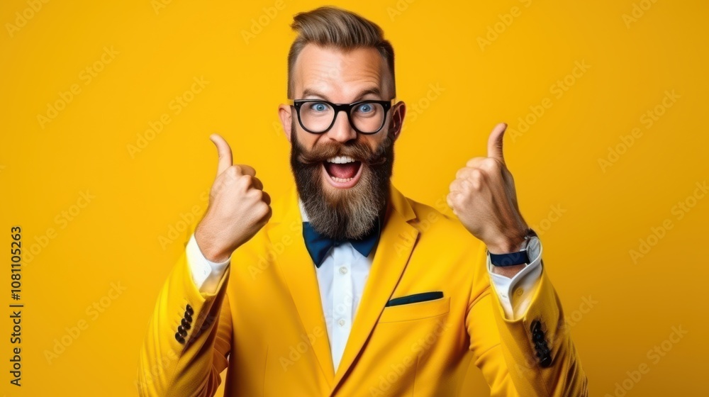 Fototapeta premium Happy bearded man in a bright yellow suit and bowtie, giving thumbs up with a toothy grin, exuding energy and positivity against a bold yellow backdrop.