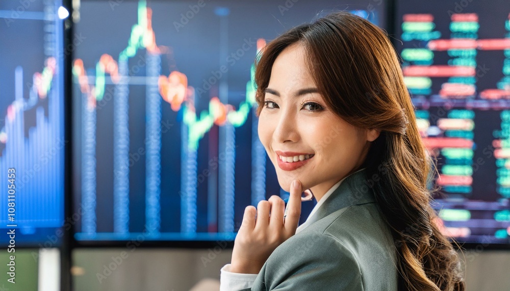 Candid asian businesswoman analysing stock market trends and data on a digital tech screen Candid asian businesswoman analysing stock market trends and data on a digital tech screen