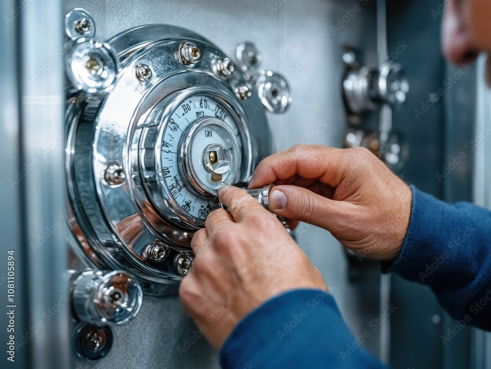 Theft and burglary prevention. A close-up of hands operating a bank vault's combination lock, showcasing the intricate details of the mechanism and the process of securing valuables. Theft and burglary prevention. A close-up of hands operating a bank vault's combination lock, showcasing the intricate details of the mechanism and the process of securing valuables.