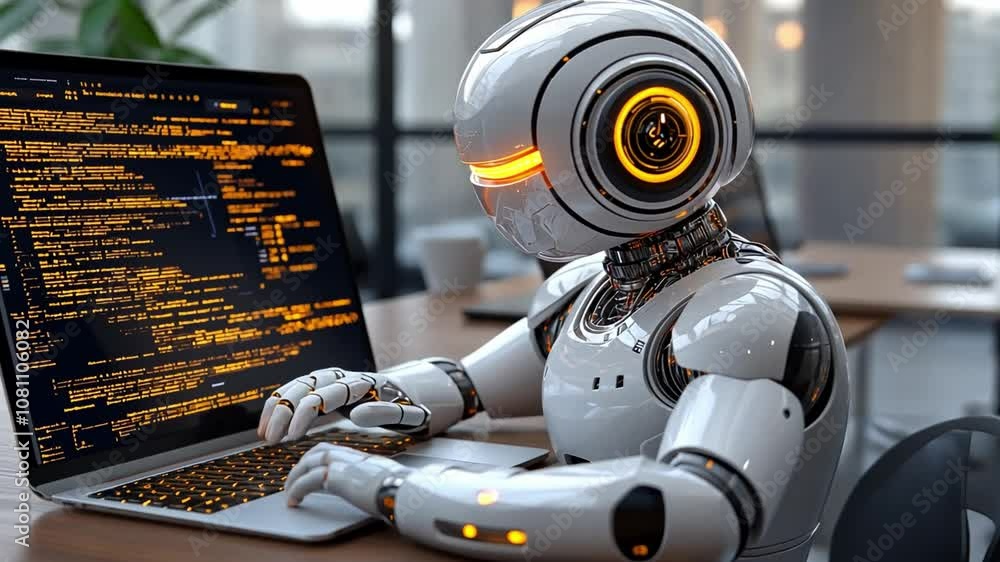 Robot programming on a laptop in a modern office environment during the day Robot programming on a laptop in a modern office environment during the day