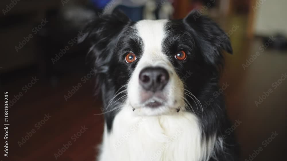 Funny portrait cute puppy dog border collie indoor. Pet dog resting at home. Puppy dog indoors in domestic room. Funny emotional dog having playful mood. Love for pets friendship companion pet care Funny portrait cute puppy dog border collie indoor. Pet dog resting at home. Puppy dog indoors in domestic room. Funny emotional dog having playful mood. Love for pets friendship companion pet care