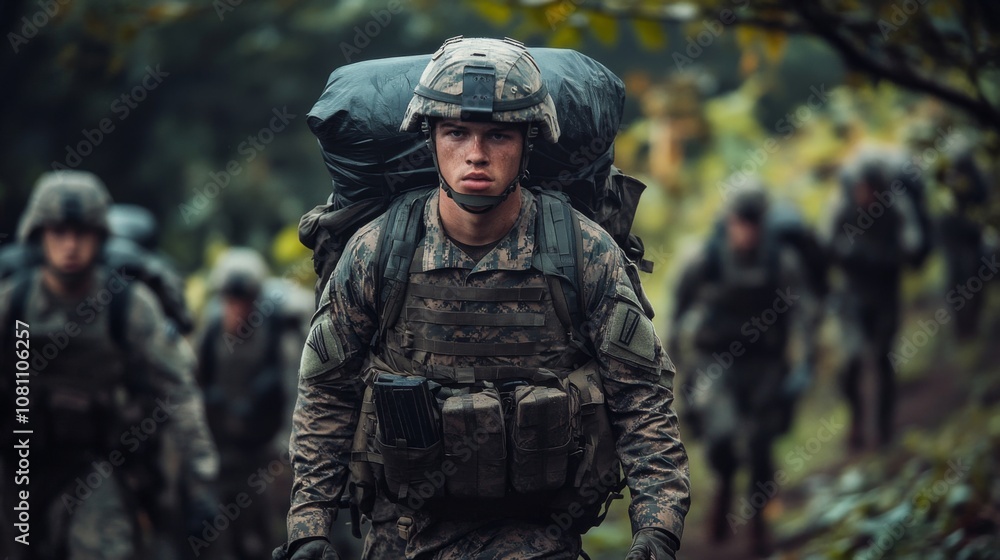 Focused Soldier on a Mission in the Woods Focused Soldier on a Mission in the Woods