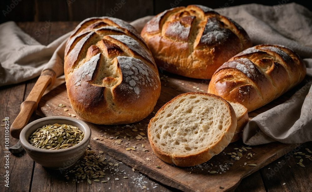 A selection of freshly baked bread arranged on a rustic wooden table. The loaves have a crispy crust and are beautifully presented, with traditional baking tools in the background, creating a cozy A selection of freshly baked bread arranged on a rustic wooden table. The loaves have a crispy crust and are beautifully presented, with traditional baking tools in the background, creating a cozy