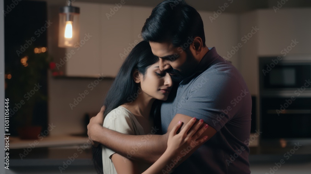 A loving embrace between an Indian couple in a softly lit room, embodying comfort and support, with expressions of deep emotion and closeness. A loving embrace between an Indian couple in a softly lit room, embodying comfort and support, with expressions of deep emotion and closeness.