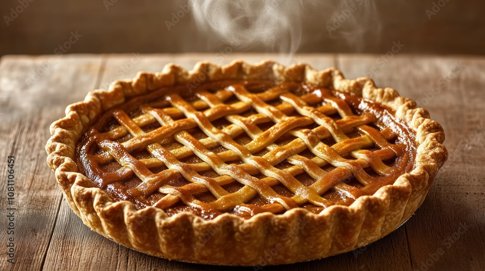 Freshly Baked Pumpkin Pie on a Rustic Wooden Table Freshly Baked Pumpkin Pie on a Rustic Wooden Table