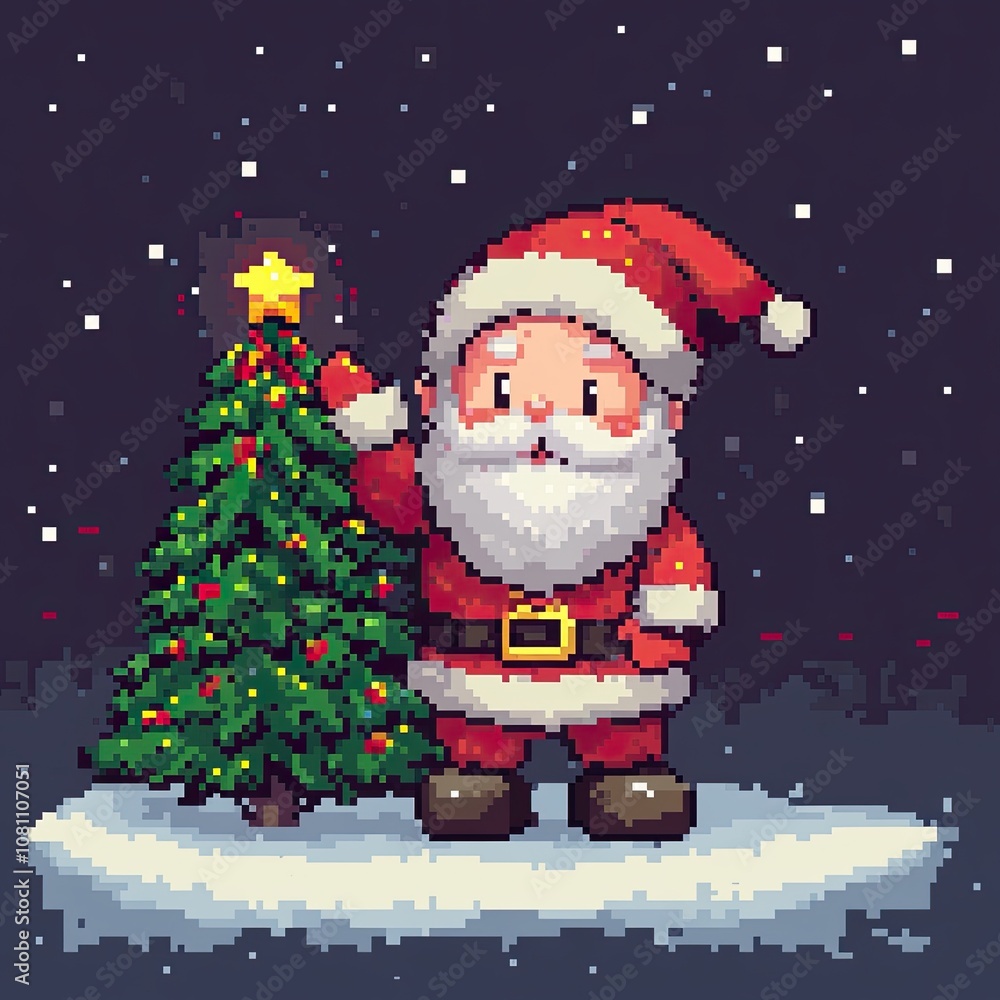 Santa Claus holding a Christmas tree against a snowy background with sparkling stars in pixel art, ideal for holiday marketing materials, digital greetings, and retro-style Christmas card designs Santa Claus holding a Christmas tree against a snowy background with sparkling stars in pixel art, ideal for holiday marketing materials, digital greetings, and retro-style Christmas card designs