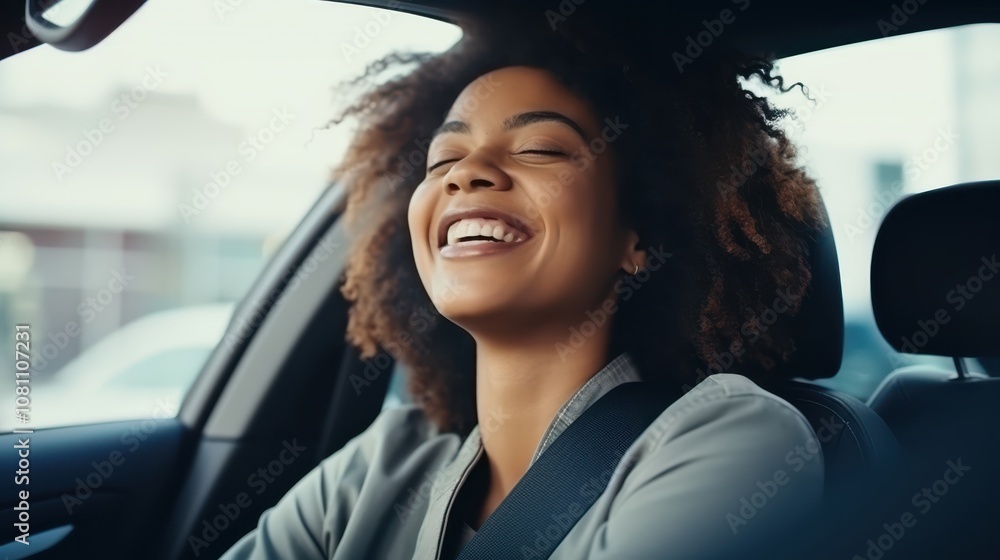 A woman radiates joy as she leans on the steering wheel of her car, embracing freedom and the delight of the open road. A woman radiates joy as she leans on the steering wheel of her car, embracing freedom and the delight of the open road.