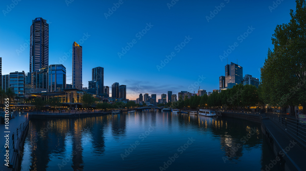 Modern city skyline at dusk reflecting on river under a clear blue sky. Modern city skyline at dusk reflecting on river under a clear blue sky.
