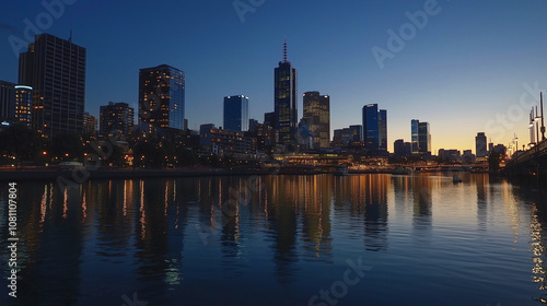 City skyline at night with skyscrapers reflecting on river under deep blue sky