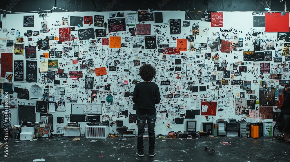 Obraz premium Person observing wall filled with various posters in artistic environment.