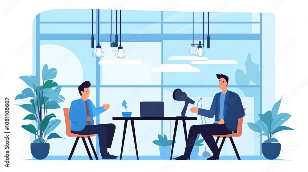 Two men engage in a lively discussion in a contemporary office setting, capturing the essence of modern communication and collaboration. Two men engage in a lively discussion in a contemporary office setting, capturing the essence of modern communication and collaboration.