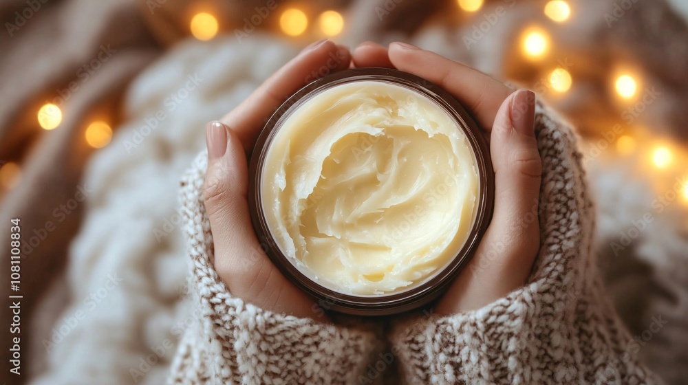 Hands holding a tub of winter body butter, set against a background of soft, warm lights and a cozy blanket Hands holding a tub of winter body butter, set against a background of soft, warm lights and a cozy blanket