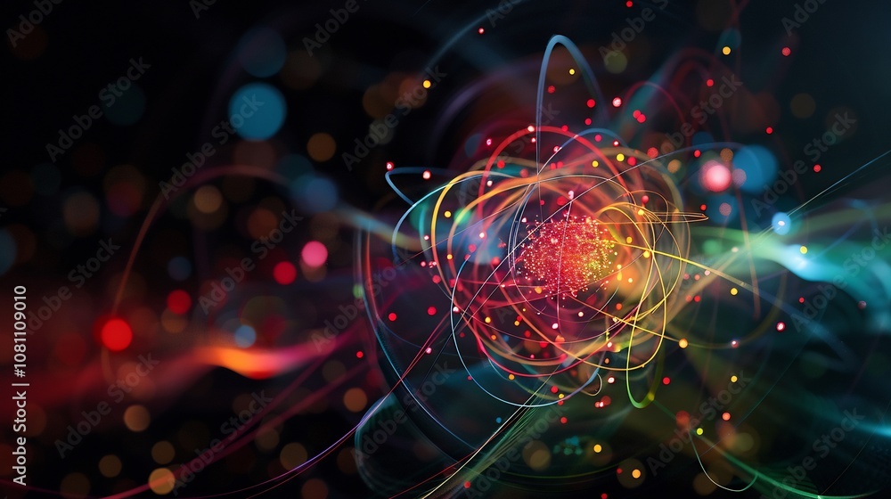 Colorful visualization of an atom's electron cloud showing various probability distributions Colorful visualization of an atom's electron cloud showing various probability distributions