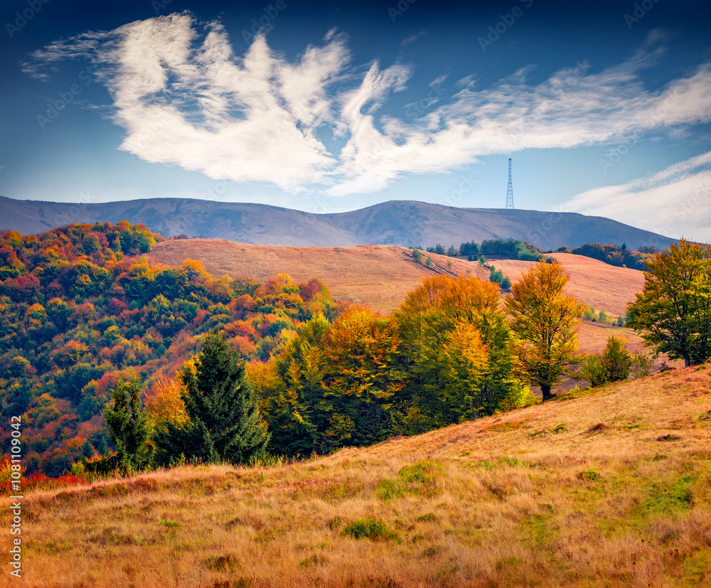 Fototapeta premium Superb autumn view of Carpathian mountains with huge antenna on the top. Exciting morning scene of Borzhava ridge, Ukraine, Europe. Beauty of nature concept background.