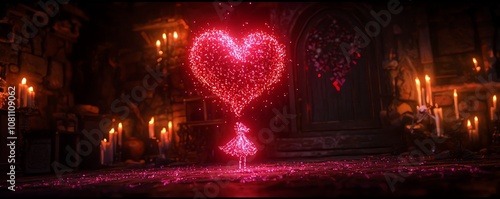 Enchanting pink heart glowing in dark  magical ambiance with sparkling lights.