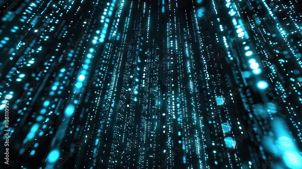 Digital binary code flowing downward in blue light on black background. Digital binary code flowing downward in blue light on black background.