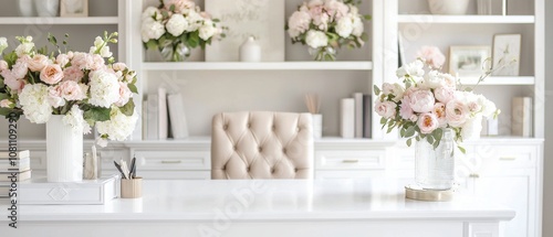 A white office with a floral arrangement on the desk