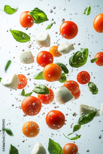 Dynamic composition of floating cherry tomatoes, mozzarella, and basil in motion