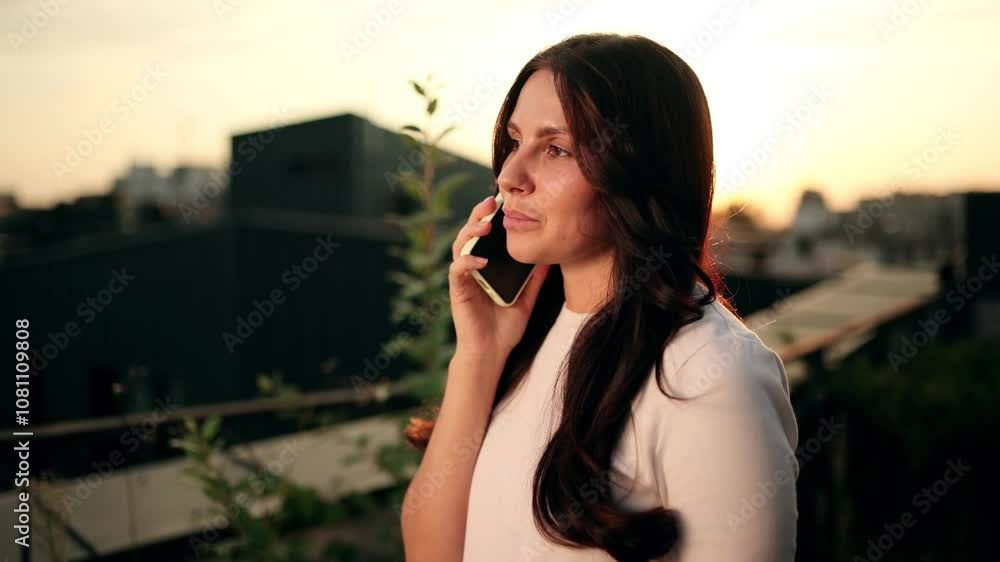 A woman casually talking on her phone during a beautiful sunset in a modern urban environment A woman casually talking on her phone during a beautiful sunset in a modern urban environment