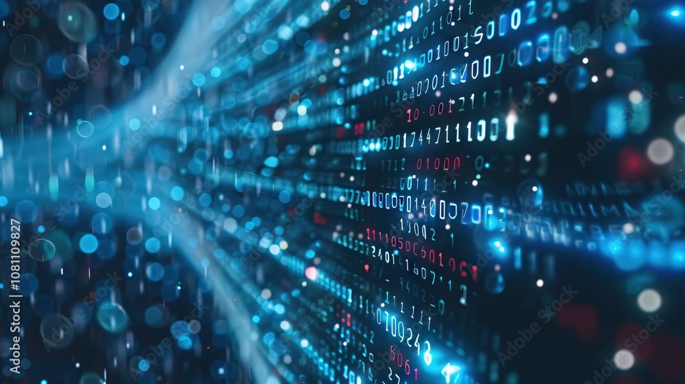 3D rendering of digital binary code network conveying complexity. 3D rendering of digital binary code network conveying complexity.