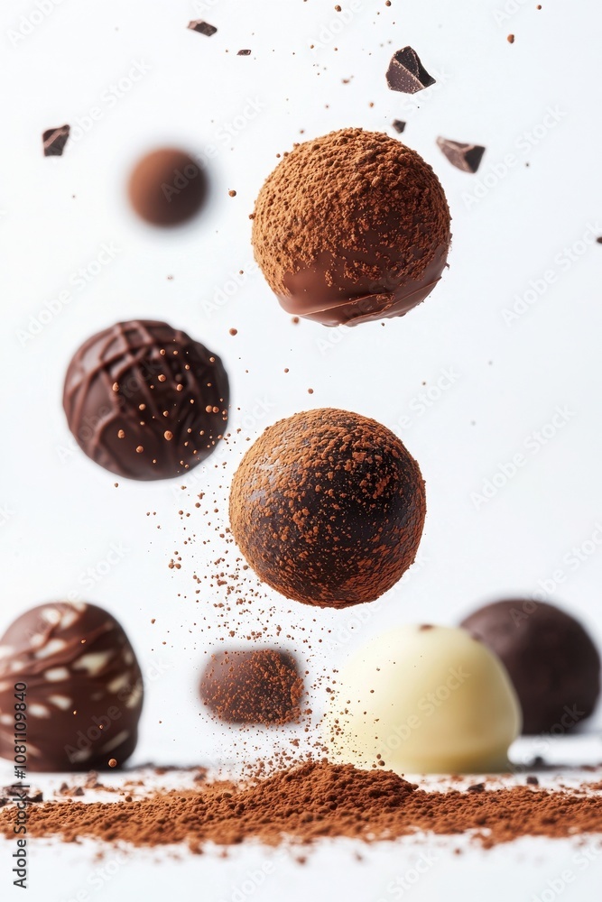 Floating milk and dark chocolate truffles with cocoa sprinkles for gourmet dessert inspiration Floating milk and dark chocolate truffles with cocoa sprinkles for gourmet dessert inspiration