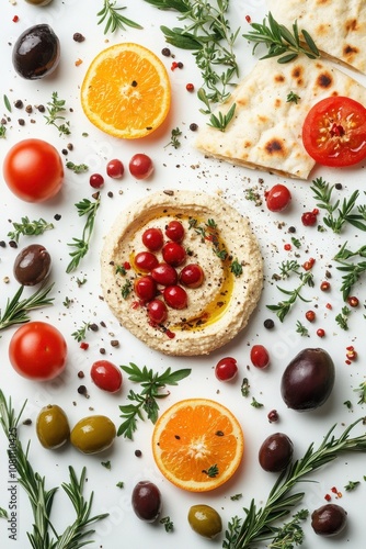 Mediterranean mezze ingredients with hummus, olives, and fresh herbs for culinary inspiration
