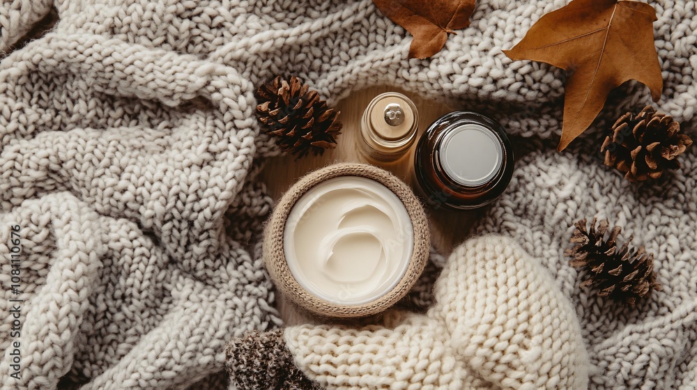 Winter self-care setup with hand cream, essential oils, and a knitted blanket in neutral, calming tones Winter self-care setup with hand cream, essential oils, and a knitted blanket in neutral, calming tones