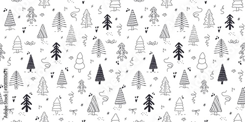 seamless pattern, Fir tree, stars, dots, snow,  line drawing. Holiday design  are isolated on white background. Simple shape conceptfor winter  cards, for  party banner, print. art illustration photo