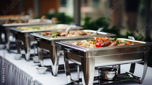 Chafing dishes lined up at a catering event, ready to serve a variety of delicious, meticulously prepared dishes.