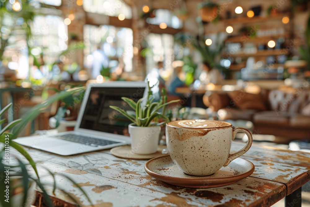 A warm cafe features a beautifully crafted cup of coffee placed on a rustic table alongside a laptop and a small potted plant, surrounded by greenery and natural light A warm cafe features a beautifully crafted cup of coffee placed on a rustic table alongside a laptop and a small potted plant, surrounded by greenery and natural light