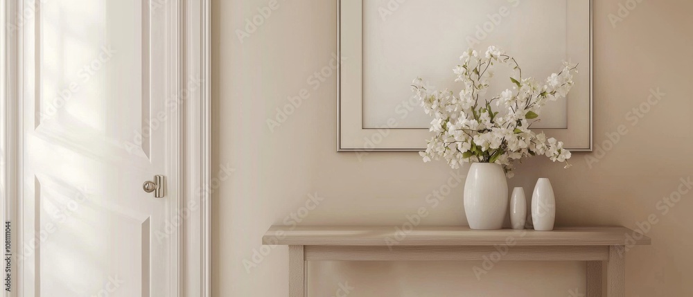 A white framed picture with a vase of flowers on a wooden shelf A white framed picture with a vase of flowers on a wooden shelf