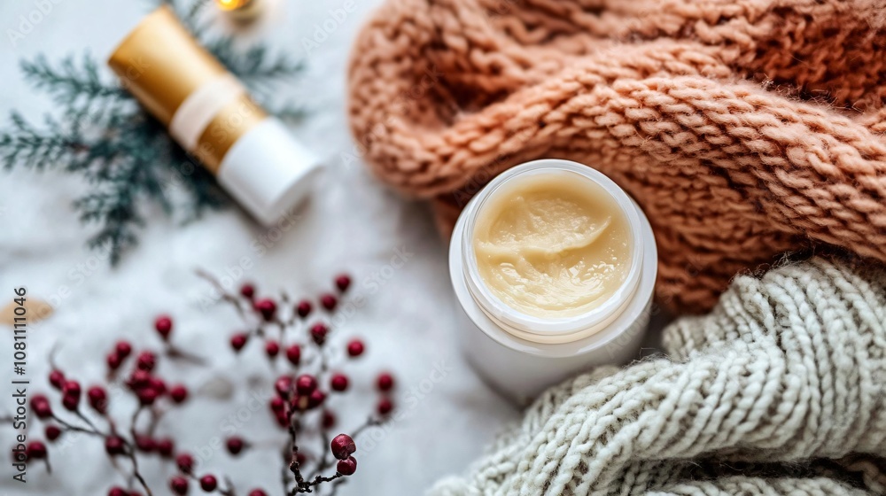 Winter skincare routine with balms, hydrating sprays, and a warm scarf in the background for extra comfort Winter skincare routine with balms, hydrating sprays, and a warm scarf in the background for extra comfort