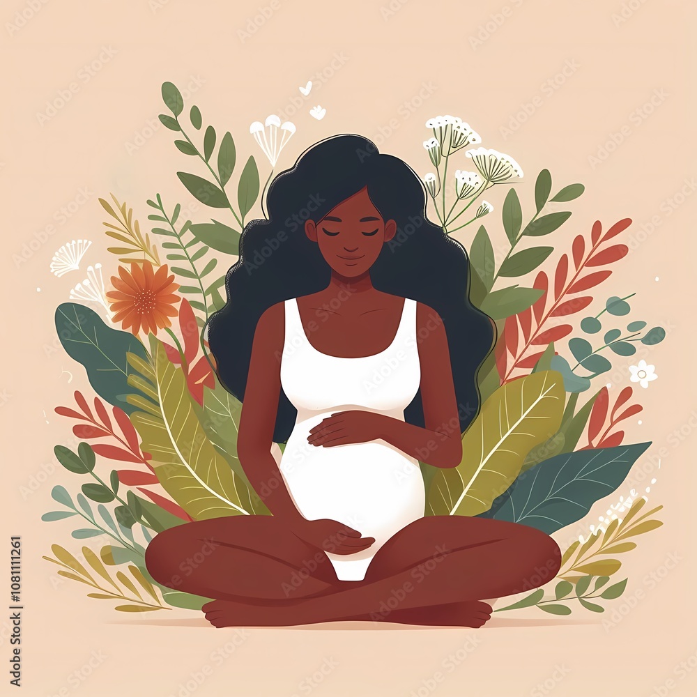 Pregnant black woman sitting, flat style illustration Pregnant black woman sitting, flat style illustration