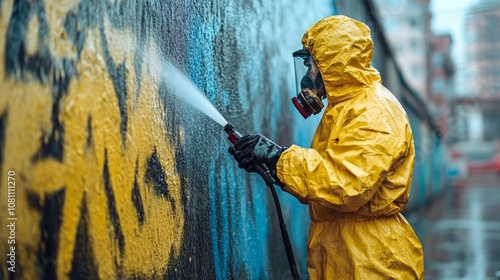 A man dressed in a yellow rain suit is using a high-pressure jet to wash away graffiti from a wall. photo