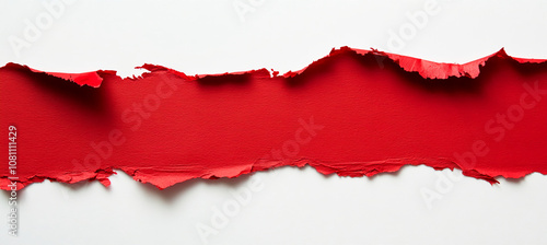 A torn piece of red paper sits against a white background, with a rough, uneven edge