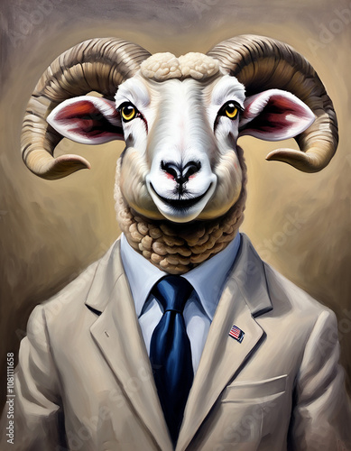 Oil Portrait Of A Presidential Sheep with big horns