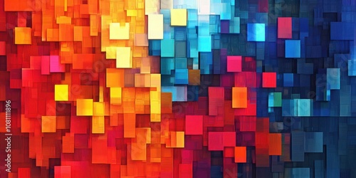 Abstract background featuring a mosaic of vibrant, pixelated squares, creating a retro yet contemporary aesthetic