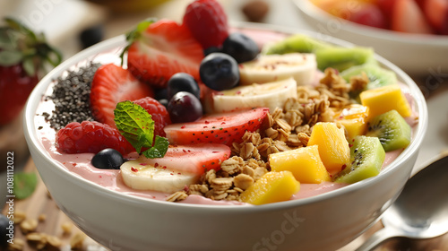 "Luscious tropical smoothie bowl topped with fresh fruits and coconut granola for breakfast"