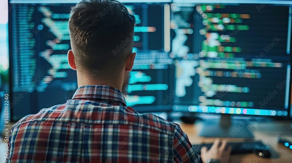 Developer working with source code on computer screen. Developer working with source code on computer screen.