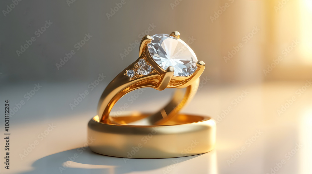 A Vibrant Gold Diamond Ring Set Against a Clear Background Emphasizing the Contrast and Richness of Gold with the Brilliance of the Diamond A Vibrant Gold Diamond Ring Set Against a Clear Background Emphasizing the Contrast and Richness of Gold with the Brilliance of the Diamond