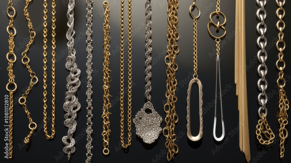 A stunning display of gold and silver chains arranged elegantly on a dark background, showcasing a mix of delicate and bold designs. A stunning display of gold and silver chains arranged elegantly on a dark background, showcasing a mix of delicate and bold designs.