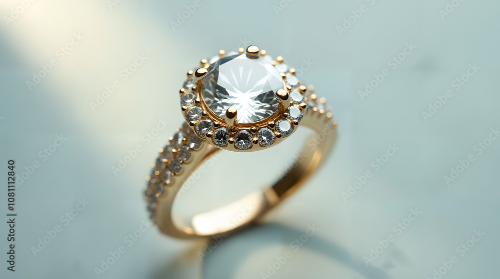 An Eye-Catching Gold Diamond Ring Presented on a Pristine Clear Background Enhancing the Beauty of the Diamond and Sophistication of the Ring An Eye-Catching Gold Diamond Ring Presented on a Pristine Clear Background Enhancing the Beauty of the Diamond and Sophistication of the Ring