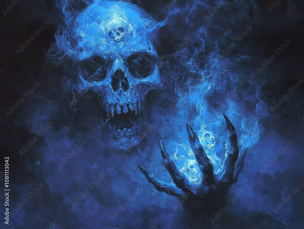 Mysterious blue skull and hand emerge from eerie smoke, symbolizing the unknown. Mysterious blue skull and hand emerge from eerie smoke, symbolizing the unknown.